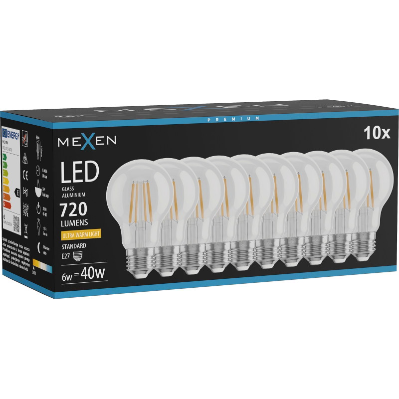 Mexen Vintis 10x Ampoule à filament LED E27, A60, 6W, Chaude - 2200K, 720 lm, claire - L150-E27-0622-00x10