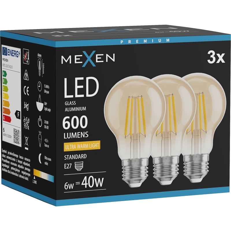 Mexen Vintis 3x Ampoule LED filament E27, A60, 6W, Chaude - 2200K, 600 lm, ambrée - L150-E27-0622-50x03