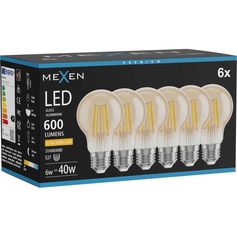 Mexen Vintis 6x Ampoule filament LED E27, A60, 6W, Chaude - 2200K, 600 lm, ambre - L150-E27-0622-50x06