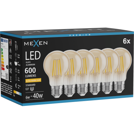 Mexen Vintis 6x Ampoule filament LED E27, A60, 6W, Chaude - 2200K, 600 lm, ambre - L150-E27-0622-50x06