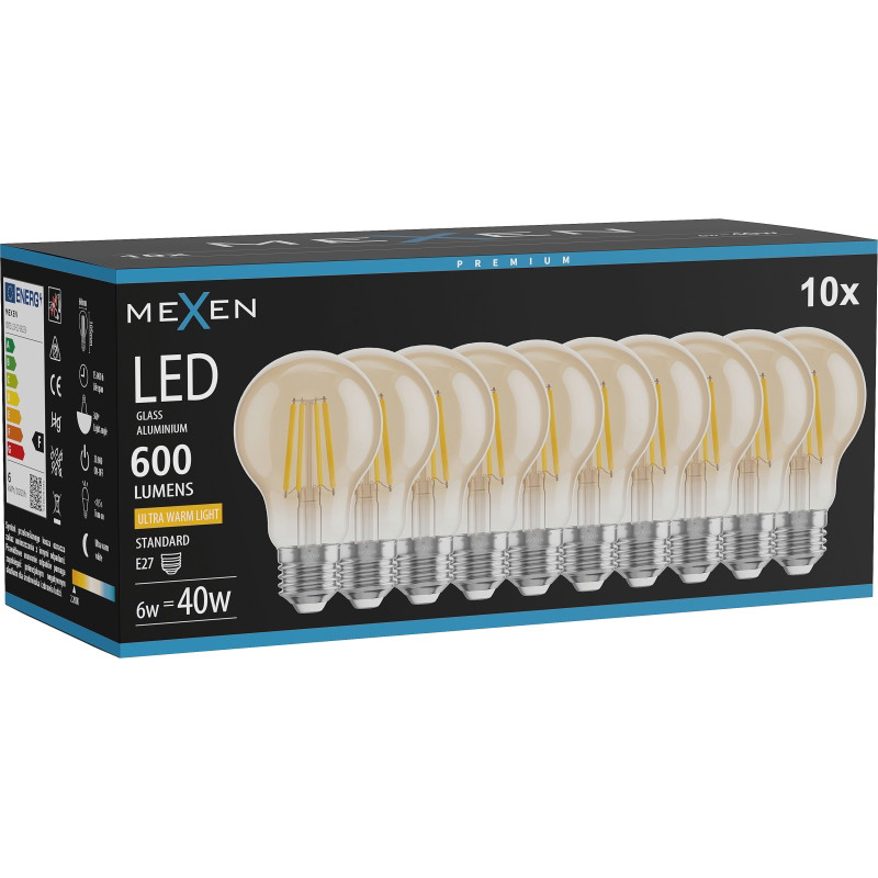 Mexen Vintis 10x Ampoule filament LED E27, A60, 6W, Chaude - 2200K, 600 lm, ambre - L150-E27-0622-50x10