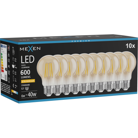 Mexen Vintis 10x Ampoule filament LED E27, A60, 6W, Chaude - 2200K, 600 lm, ambre - L150-E27-0622-50x10