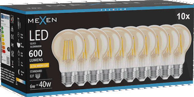 Mexen Vintis 10x Ampoule filament LED E27, A60, 6W, Chaude - 2200K, 600 lm, ambre - L150-E27-0622-50x10