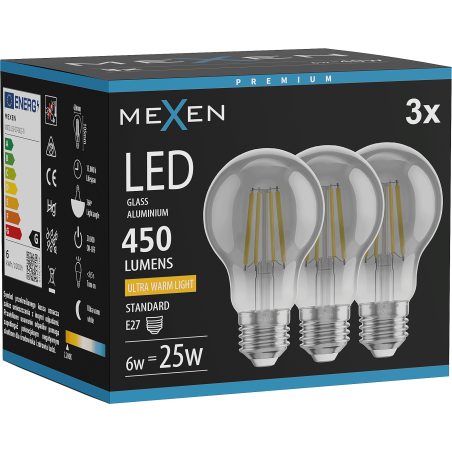 Mexen Vintis 3x Ampoule filament LED E27, A60, 6W, Chaude - 2200K, 450 lm, fumée - L150-E27-0622-70x03