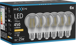 Mexen Vintis 6x Ampoule à filament LED E27, A60, 6W, Chaude - 2200K, 450 lm, fumé - L150-E27-0622-70x06