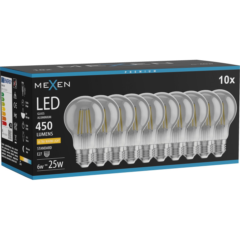Mexen Vintis 10x Ampoule filament LED E27, A60, 6W, Chaude - 2200K, 450 lm, fumée - L150-E27-0622-70x10