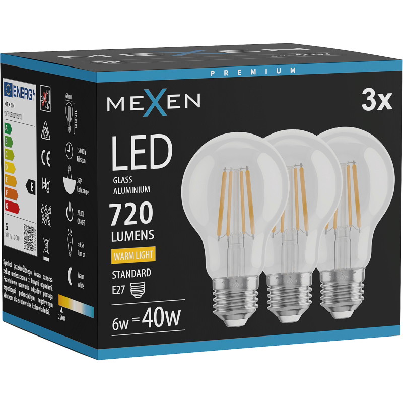 Mexen Vintis 3x Ampoule à filament LED E27, A60, 6W, Chaude - 2700K, 720 lm, transparente - L150-E27-0627-00x03