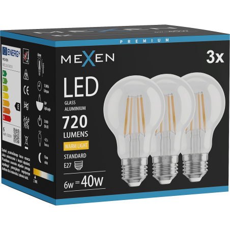 Mexen Vintis 3x Ampoule à filament LED E27, A60, 6W, Chaude - 2700K, 720 lm, transparente - L150-E27-0627-00x03