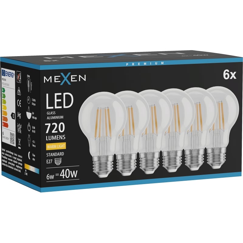 Mexen Vintis 6x Ampoule filament LED E27, A60, 6W, Chaud - 2700K, 720 lm, transparent - L150-E27-0627-00x06