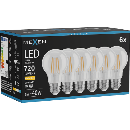 Mexen Vintis 6x Ampoule filament LED E27, A60, 6W, Chaud - 2700K, 720 lm, transparent - L150-E27-0627-00x06