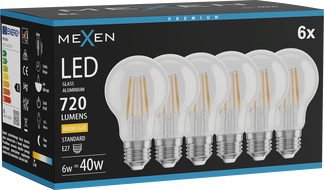 Mexen Vintis 6x Ampoule filament LED E27, A60, 6W, Chaud - 2700K, 720 lm, transparent - L150-E27-0627-00x06