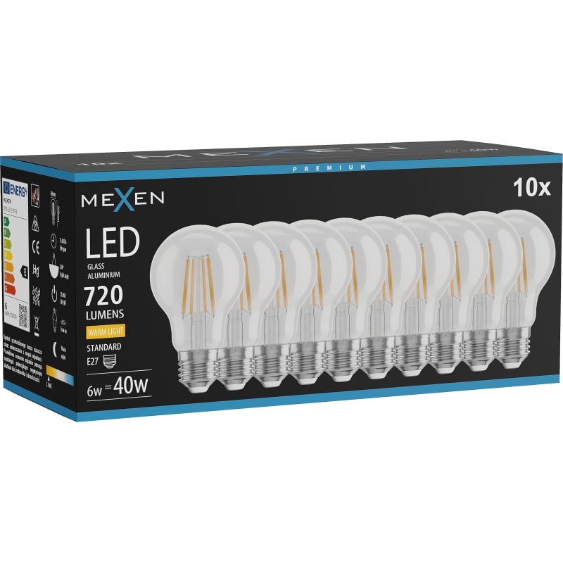Mexen Vintis 10x Ampoule filament LED E27, A60, 6W, Chaude - 2700K, 720 lm, clair - L150-E27-0627-00x10