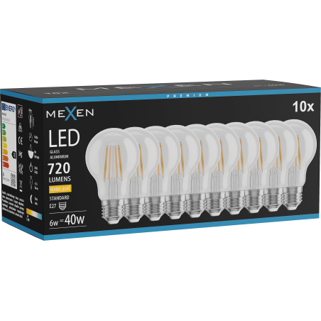 Mexen Vintis 10x Ampoule filament LED E27, A60, 6W, Chaude - 2700K, 720 lm, clair - L150-E27-0627-00x10