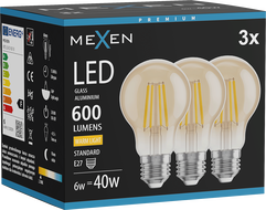 Mexen Vintis 3x Ampoule filament LED E27, A60, 6W, Chaude - 2700K, 600 lm, ambre - L150-E27-0627-50x03