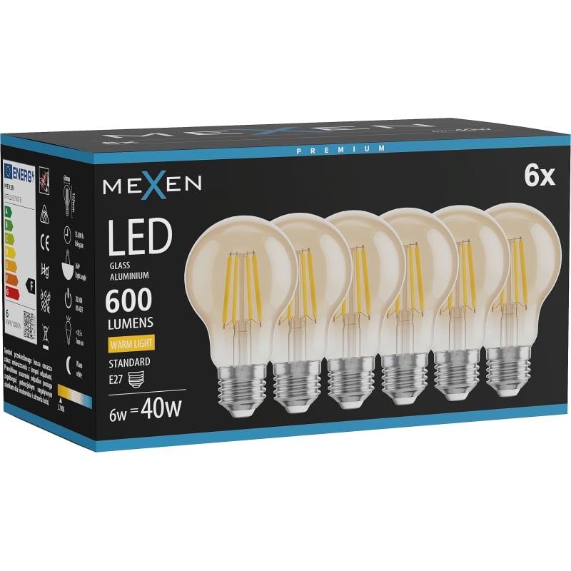 Mexen Vintis 6x Ampoule à filament LED E27, A60, 6W, Chaude - 2700K, 600 lm, ambre - L150-E27-0627-50x06