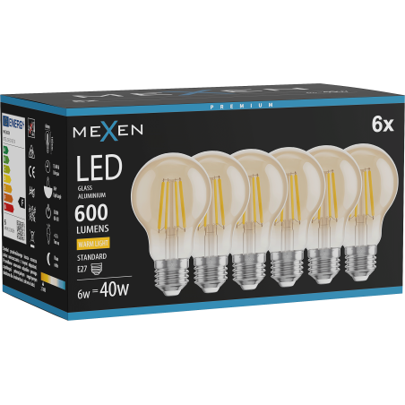 Mexen Vintis 6x Ampoule à filament LED E27, A60, 6W, Chaude - 2700K, 600 lm, ambre - L150-E27-0627-50x06
