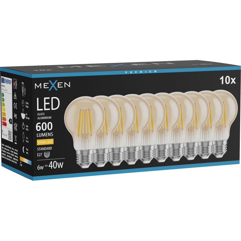 Mexen Vintis 10x Ampoule à filament LED E27, A60, 6W, Chaude - 2700K, 600 lm, ambre - L150-E27-0627-50x10