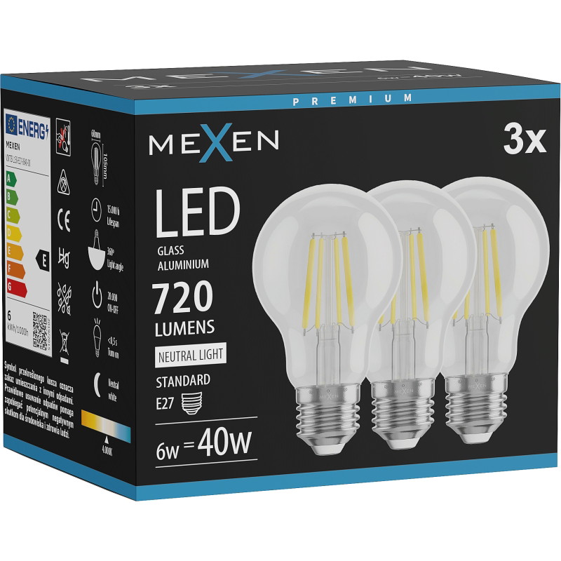 Mexen Vintis 3x Ampoule filament LED E27, A60, 6W, Neutre - 4000K, 720 lm, clair - L150-E27-0640-00x03
