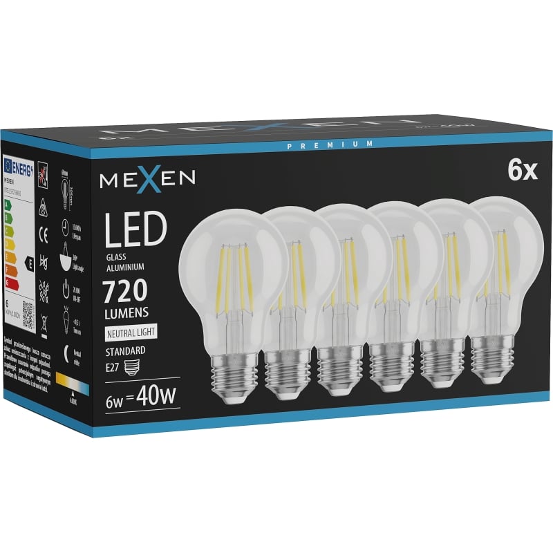 Mexen Vintis 6x Ampoule filament LED E27, A60, 6W, Neutre - 4000K, 720 lm, clair - L150-E27-0640-00x06
