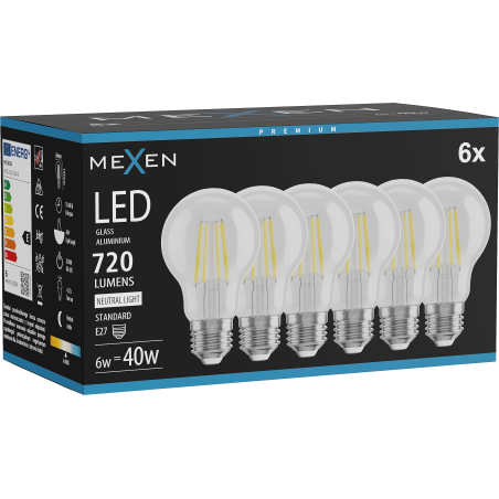Mexen Vintis 6x Ampoule filament LED E27, A60, 6W, Neutre - 4000K, 720 lm, clair - L150-E27-0640-00x06