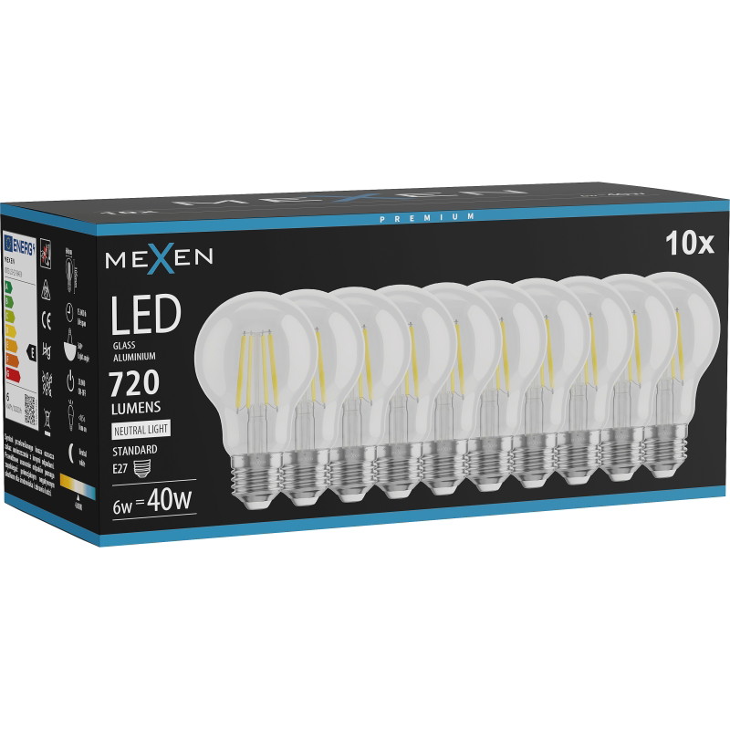 Mexen Vintis 10x ampoule à filament LED E27, A60, 6W, Neutre - 4000K, 720 lm, clair - L150-E27-0640-00x10