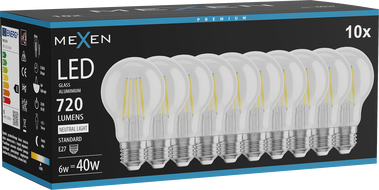 Mexen Vintis 10x ampoule à filament LED E27, A60, 6W, Neutre - 4000K, 720 lm, clair - L150-E27-0640-00x10