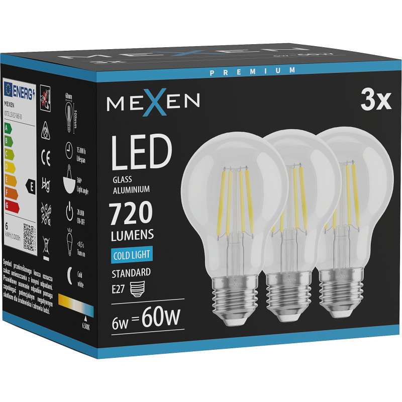 Mexen Vintis 3x Ampoule filament LED E27, A60, 6W, Froid - 6500K, 720 lm, transparent - L150-E27-0665-00x03