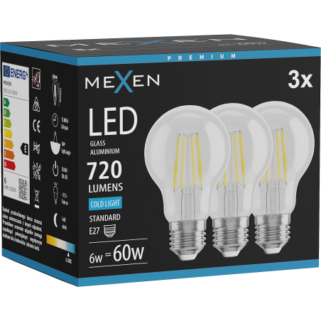 Mexen Vintis 3x Ampoule filament LED E27, A60, 6W, Froid - 6500K, 720 lm, transparent - L150-E27-0665-00x03