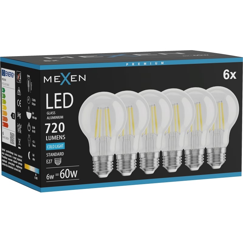 Mexen Vintis 6x Ampoule à filament LED E27, A60, 6W, Froid - 6500K, 720 lm, clair - L150-E27-0665-00x06