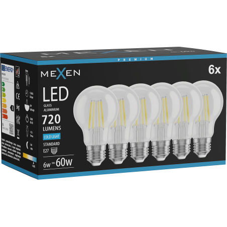 Mexen Vintis 6x Ampoule à filament LED E27, A60, 6W, Froid - 6500K, 720 lm, clair - L150-E27-0665-00x06