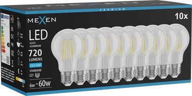 Mexen Vintis 10x Ampoule filament LED E27, A60, 6W, Froid - 6500K, 720 lm, transparent - L150-E27-0665-00x10