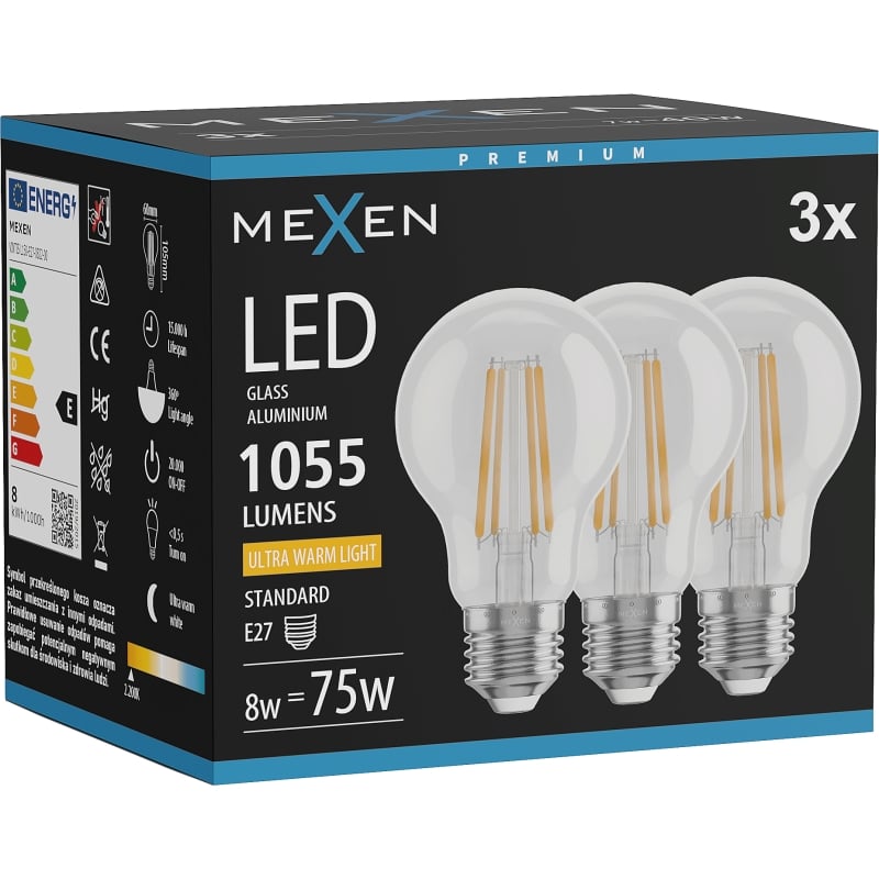 Mexen Vintis 3x Ampoule filament LED E27, A60, 8W, Chaude - 2200K, 1055 lm, claire - L150-E27-0822-00x03
