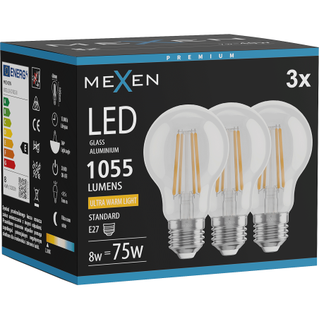 Mexen Vintis 3x Ampoule filament LED E27, A60, 8W, Chaude - 2200K, 1055 lm, claire - L150-E27-0822-00x03