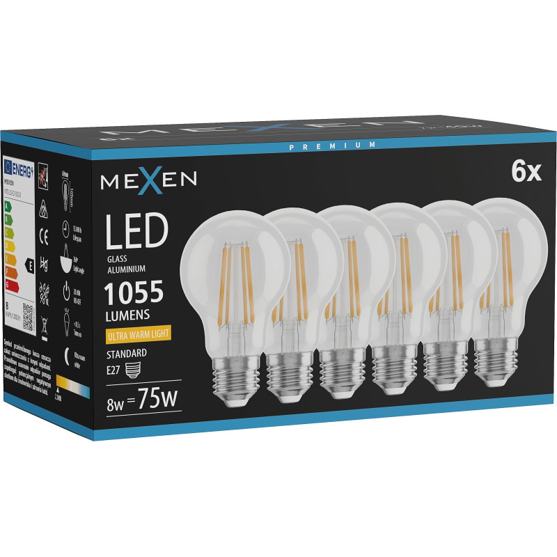 Mexen Vintis 6x Ampoule filament LED E27, A60, 8W, Lumière chaude - 2200K, 1055 lm, transparente - L150-E27-0822-00x06