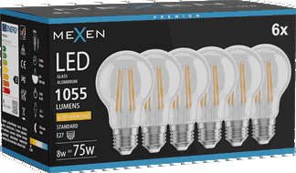 Mexen Vintis 6x Ampoule filament LED E27, A60, 8W, Lumière chaude - 2200K, 1055 lm, transparente - L150-E27-0822-00x06