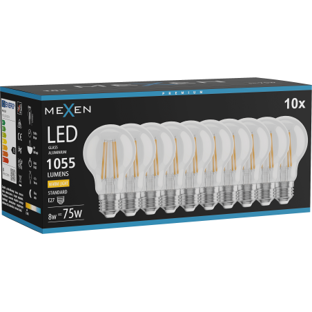 Mexen Vintis 10x ampoule à filament LED E27, A60, 8W, Chaude - 2200K, 1055 lm, claire - L150-E27-0822-00x10