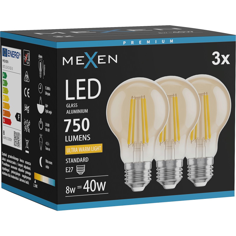 Mexen Vintis 3x Ampoule filament LED E27, A60, 8W, Chaude - 2200K, 750 lm, ambre - L150-E27-0822-50x03