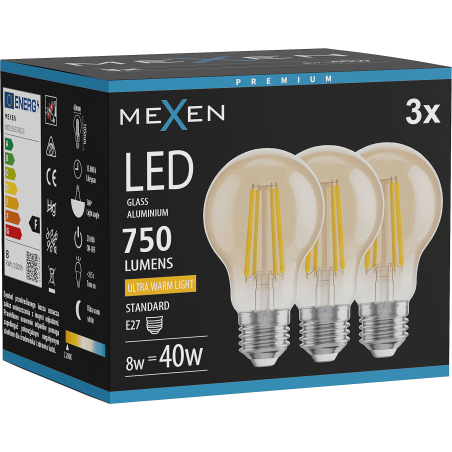 Mexen Vintis 3x Ampoule filament LED E27, A60, 8W, Chaude - 2200K, 750 lm, ambre - L150-E27-0822-50x03
