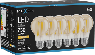 Mexen Vintis 6x Ampoule filament LED E27, A60, 8W, Chaude - 2200K, 750 lm, ambre - L150-E27-0822-50x06