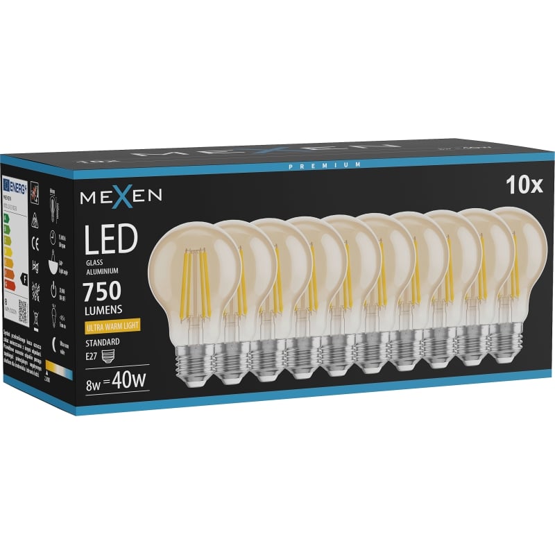 Mexen Vintis 10x Ampoule à filament LED E27, A60, 8W, Chaude - 2200K, 750 lm, ambre - L150-E27-0822-50x10