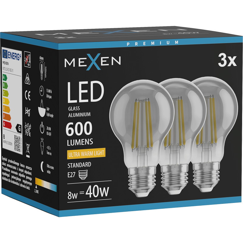 Mexen Vintis 3x Ampoule filament LED E27, A60, 8W, Chaude - 2200K, 600 lm, fumée - L150-E27-0822-70x03