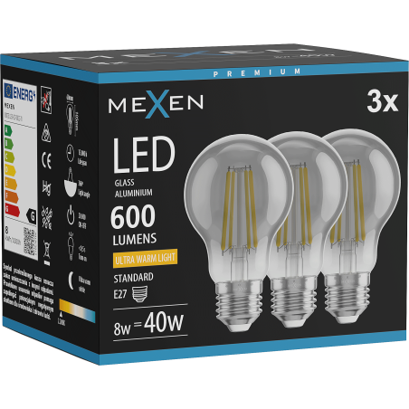 Mexen Vintis 3x Ampoule filament LED E27, A60, 8W, Chaude - 2200K, 600 lm, fumée - L150-E27-0822-70x03