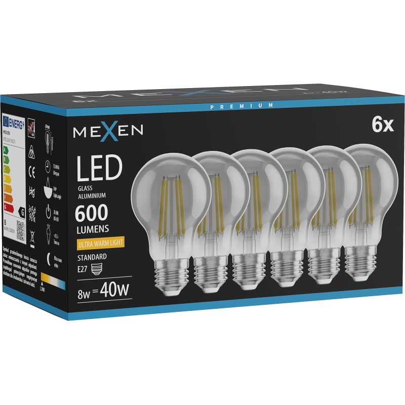 Mexen Vintis 6x Ampoule filament LED E27, A60, 8W, Chaude - 2200K, 600 lm, fumée - L150-E27-0822-70x06