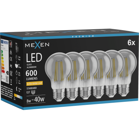Mexen Vintis 6x Ampoule filament LED E27, A60, 8W, Chaude - 2200K, 600 lm, fumée - L150-E27-0822-70x06