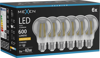 Mexen Vintis 6x Ampoule filament LED E27, A60, 8W, Chaude - 2200K, 600 lm, fumée - L150-E27-0822-70x06