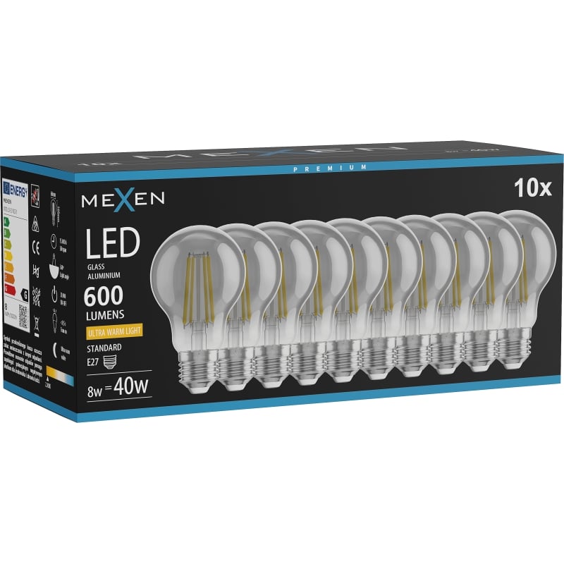Mexen Vintis 10x Ampoule filament LED E27, A60, 8W, Chaude - 2200K, 600 lm, fumée - L150-E27-0822-70x10