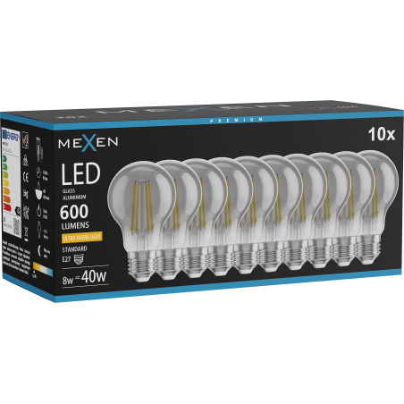 Mexen Vintis 10x Ampoule filament LED E27, A60, 8W, Chaude - 2200K, 600 lm, fumée - L150-E27-0822-70x10