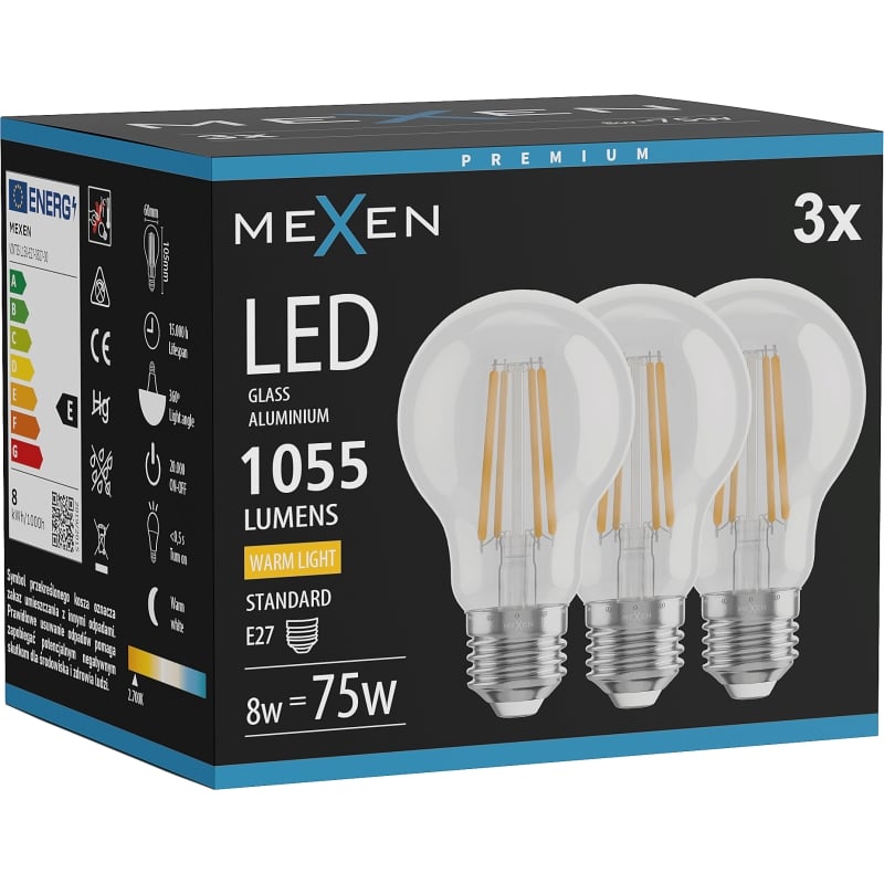 Mexen Vintis 3x lampe à filament LED E27, A60, 8W, Chaude - 2700K, 1055 lm, claire - L150-E27-0827-00x03