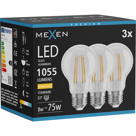 Mexen Vintis 3x lampe à filament LED E27, A60, 8W, Chaude - 2700K, 1055 lm, claire - L150-E27-0827-00x03