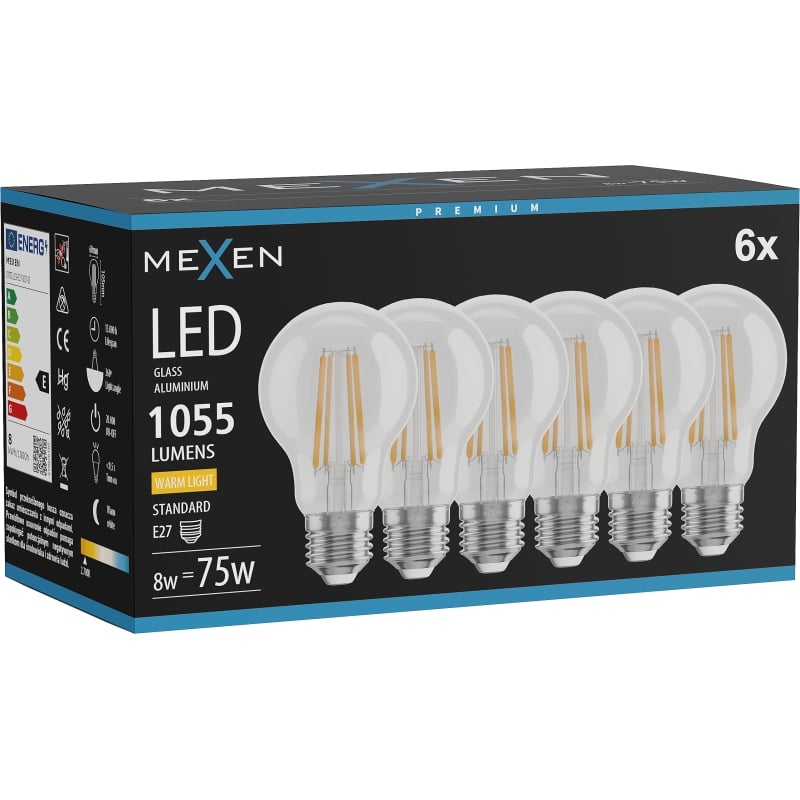 Mexen Vintis 6x Ampoule à filament LED E27, A60, 8W, Chaude - 2700K, 1055 lm, claire - L150-E27-0827-00x06